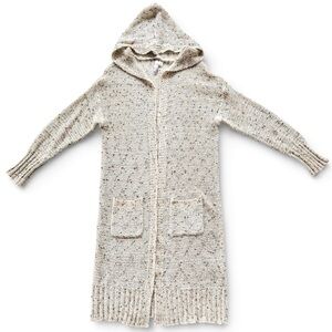 Alya Cream with Multicolor Flecks Long Line Duster Open Front Cardigan Hooded M